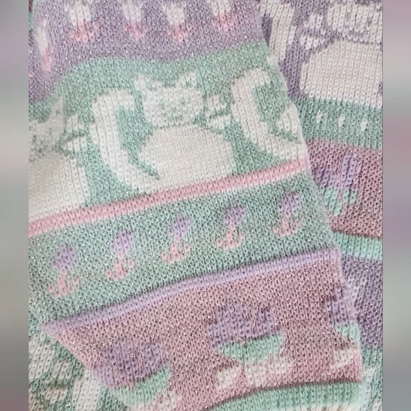 Vintage 1980s Rose Cats Fairy Kei Kawaii Pastel Sweater Sparkle Thread large - Picture 9 of 10